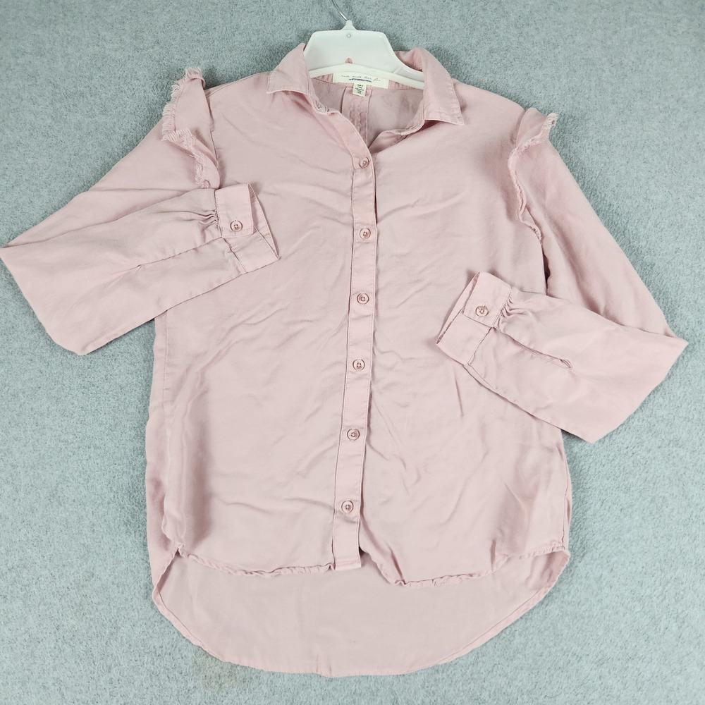 Cloth & Stone Anthropologie Shirt Women XS Pink Ruffle Detail Collared Button Up